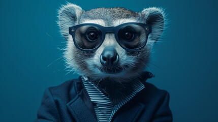 Fototapeta premium A raccoon wearing sunglasses and a jacket, looking directly at the camera.