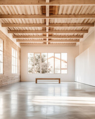 Obraz premium Empty storage room, a warehouse, in beige tones. Luxurious industrial Real Estate composition.