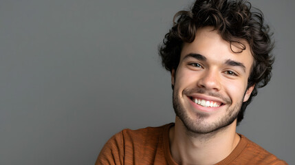 Obraz premium A portrait of a smiling young man with curly hair, wearing a brown shirt against a gray background. Perfect for themes of happiness, youth, and positivity.