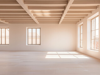 Obraz premium Empty storage room, a warehouse, in beige tones. Luxurious industrial Real Estate composition.
