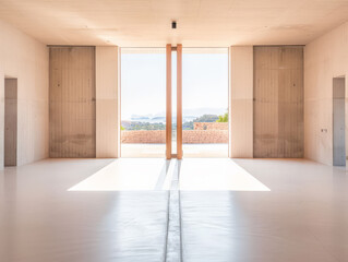 Empty storage room, a warehouse, in beige tones. Luxurious industrial Real Estate composition.