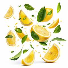 Lemon with half slices falling on white background