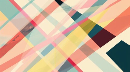 Vibrant abstract geometric design featuring intersecting lines and shapes in a harmonious blend of pastel colors, reminiscent of mid-century modern art.