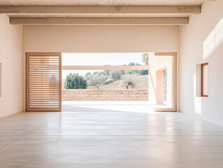 Fototapeta premium Empty storage room, a warehouse, in beige tones. Luxurious industrial Real Estate composition.