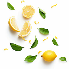 Lemon with half slices falling on white background