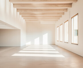 Empty storage room, a warehouse, in beige tones. Luxurious industrial Real Estate composition.