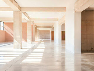 Empty storage room, a warehouse, in beige tones. Luxurious industrial Real Estate composition.