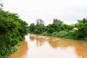 A river is brown and muddy, with trees lining the banks