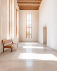 Empty storage room, a warehouse, in beige tones. Luxurious industrial Real Estate composition.