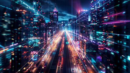 Fototapeta premium Digital signature overlay on night cityscape, abstract glowing lines, high-tech urban environment, detailed and bright, futuristic design