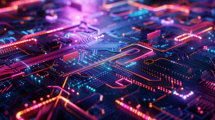 Obraz premium Digital tech development concept, interconnected glowing circuits, futuristic design, vibrant colors, detailed and high-tech environment