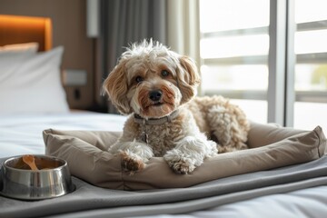 Cute dog lying on pet bed in modern bedroom