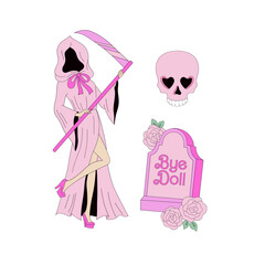 Pink Plastic Doll graveyard elements vector clip-art set isolated on white. Death wit scythe, Scull, grave monument. Pinky Girlish Halloween illustration