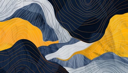 Abstract line art artwork featuring minimalist designs and intricate linework in a minimalist color palette. Contrasting colors of minimalist indigo and minimalist mustard yellow enhance the visual