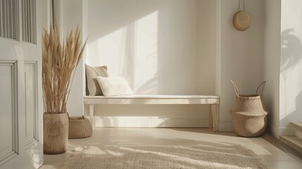 Stylish entryway with white bench and beige wooden decor, minimalist,