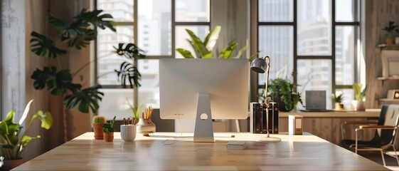 Minimalist office workspace, large windows, plenty of natural light,