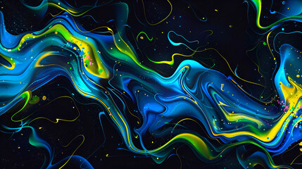 brightly colored fluid painting on a black background with a yellow dot