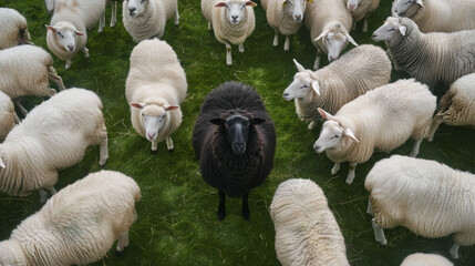 Single black sheep looking at camera standing alone in the center of a flock of white sheep.