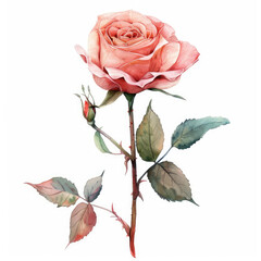 Watercolor illustration of a rose with delicate leaves isolated on a white background