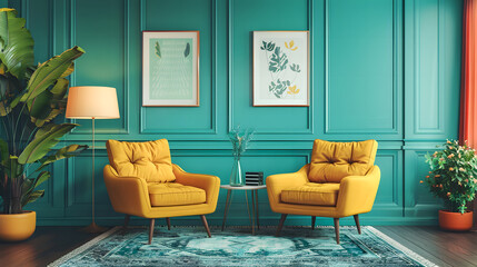 Lounge chairs and sofa against teal classic paneling wall with art posters. Mid-century style home interior design of modern living room.