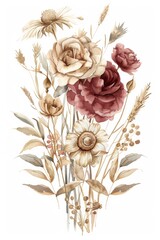 A vintage watercolor illustration of a beautiful bouquet of wildflowers and one rose, beige burgundy, dusty pink and gold color palette, clean white background, in the style of Nene Thomas, highly det