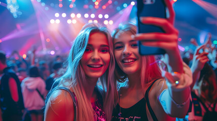Two young women capturing a selfie at a music festival, surrounded by a lively crowd and vibrant stage lights, enjoying the energetic and festive atmosphere.