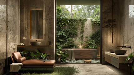 A modern hotel room designed by Gessi, featuring earthy tones and bronze accents, marble surfaces, stone walls, natural light, indoor plants, double bed in front of a large window showing a garden vie