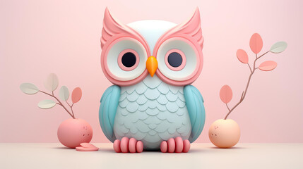 Adorable clay owl figurine featuring muted pastel colors, created using Blender software on a matte background with subtle gradients.