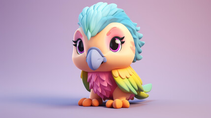 Adorable clay parrot figurine in muted pastel colors on a matte background with subtle gradients. Perfect for kawaii lovers