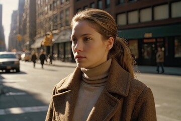 Fototapeta premium Aesthetic woman in the street, she is wearing brown wool coat and turtleneck sweater, she has long hair pulled back into ponytail.