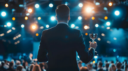 A man in a tuxedo holding a trophy, standing on stage with vibrant lights and an audience in the background, celebrating a moment of recognition at an award ceremony.