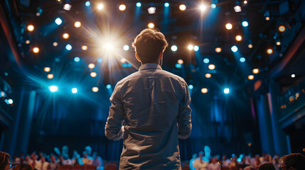 A speaker addressing an audience on stage, illuminated by bright lights, capturing the energy and focus of a public speaking event or conference.
