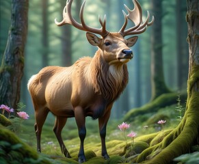 Obraz premium A majestic elk with impressive antlers stands in a sunlit forest clearing, surrounded by lush greenery and blooming flowers. The serene and natural setting highlights the beauty of wildlife.. AI