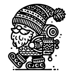 Black and white illustration of a festive gnome wearing detailed winter clothing and carrying a backpack. Wake up the holiday spirit