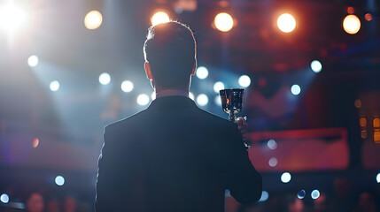 A man holding an award on stage, illuminated by bright lights and surrounded by an audience, celebrating a moment of recognition at a formal ceremony.