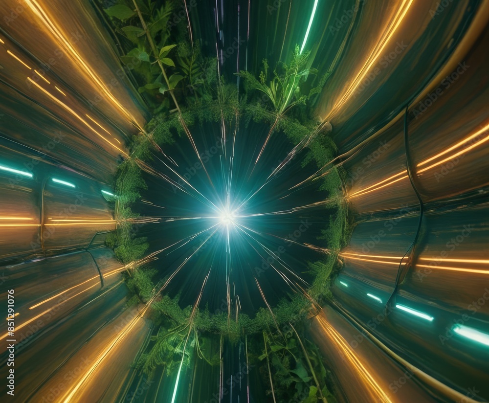 Poster a mesmerizing futuristic tunnel filled with vibrant green plants and illuminated by dynamic light st