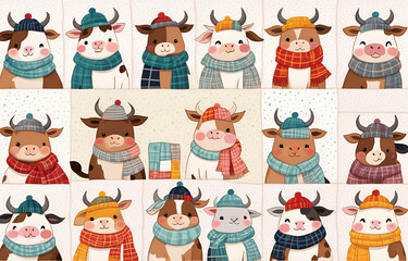 Fototapeta premium Cartoon cow wearing hats and necklaces,litele cow ,Duoge Comics. Multi grid emoticons, multiple animal avatars and expressions