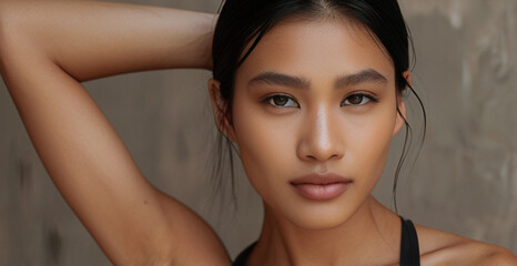 Naklejka premium Close up portrait of beautiful Asian female model in 20s with perfect glowy skin