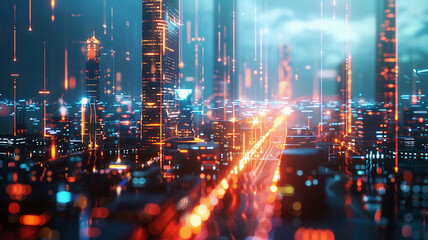 Fototapeta premium Cityscape with wireless network connections, glowing data lines, modern urban environment, high-tech communication, vibrant and detailed, futuristic design