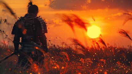 Naklejka premium A lone samurai stands in a field of tall grass, silhouetted against a vibrant sunset.