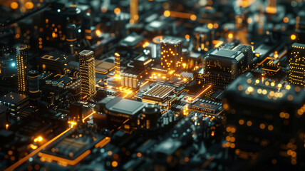 Close-up of intricate circuitry within IoT devices, highlighted by subtle, futuristic lighting effects