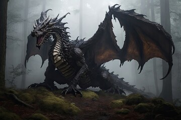 Huge scary dragon in a foggy forest.