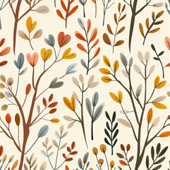 continuous nordic autumn winter textile pattern for kids, organic, earthy tones, minimal, negative space, nature inspired, dreamy, on cream background