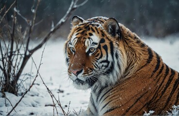 Naklejka premium Tiger in the deep snow wild winter nature.