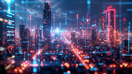 Fototapeta premium Digital signature overlay on night cityscape, abstract glowing lines, high-tech urban environment, detailed and bright, futuristic design