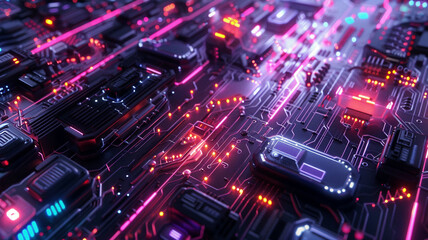 Fototapeta premium Digital tech development concept, interconnected glowing circuits, futuristic design, vibrant colors, detailed and high-tech environment