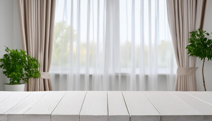 Fototapeta premium white Wooden table top on blurred background of white half curtained white window