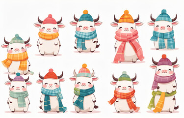 Cartoon cow wearing hats and necklaces,litele cow ,Duoge Comics. Multi grid emoticons, multiple animal avatars and expressions