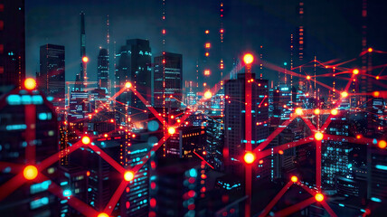 Futuristic city at night with wireless network connections, glowing data lines, vibrant city lights, advanced technology, detailed and high-tech