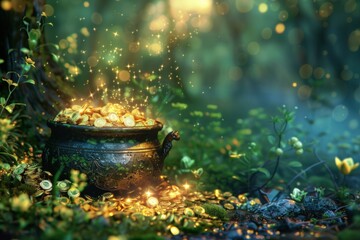 A gold colored pot is sitting on the ground with a lot of gold coins scattered around it. The scene is set in a lush green forest, with the sun shining through the trees, 3d render.